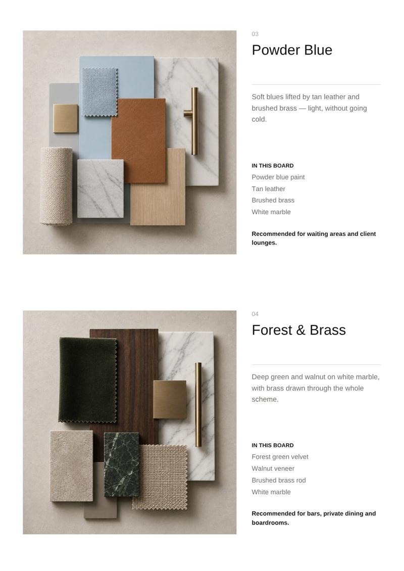 Mood boards: Powder Blue, Forest and Brass