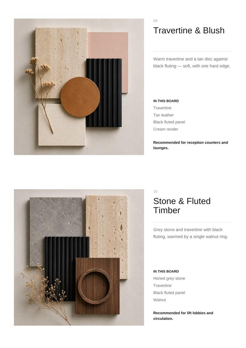 Mood boards: Travertine and Blush, Stone and Fluted Timber