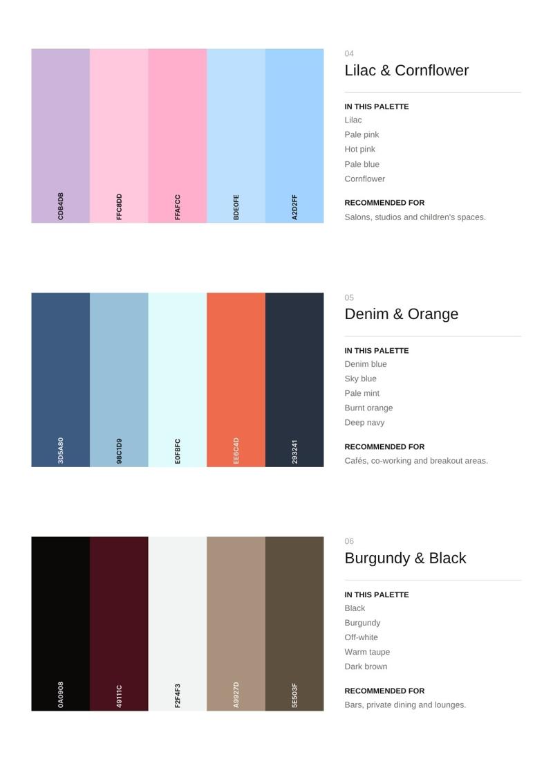Colour palettes: Lilac and Cornflower, Denim and Orange, Burgundy and Black