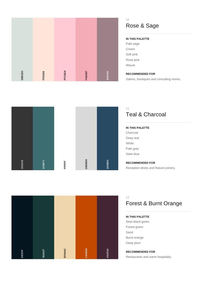 Colour palettes: Rose and Sage, Teal and Charcoal, Forest and Burnt Orange