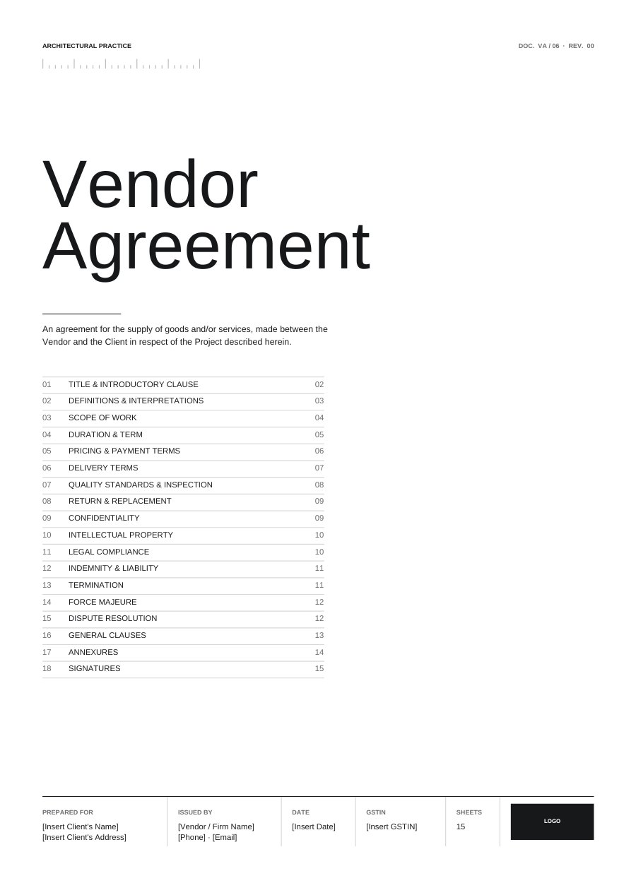 Vendor agreement cover