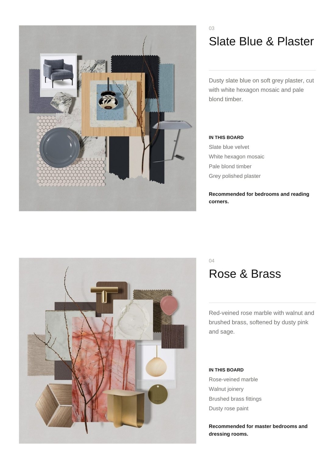 Slate Blue and Plaster, Rose and Brass boards