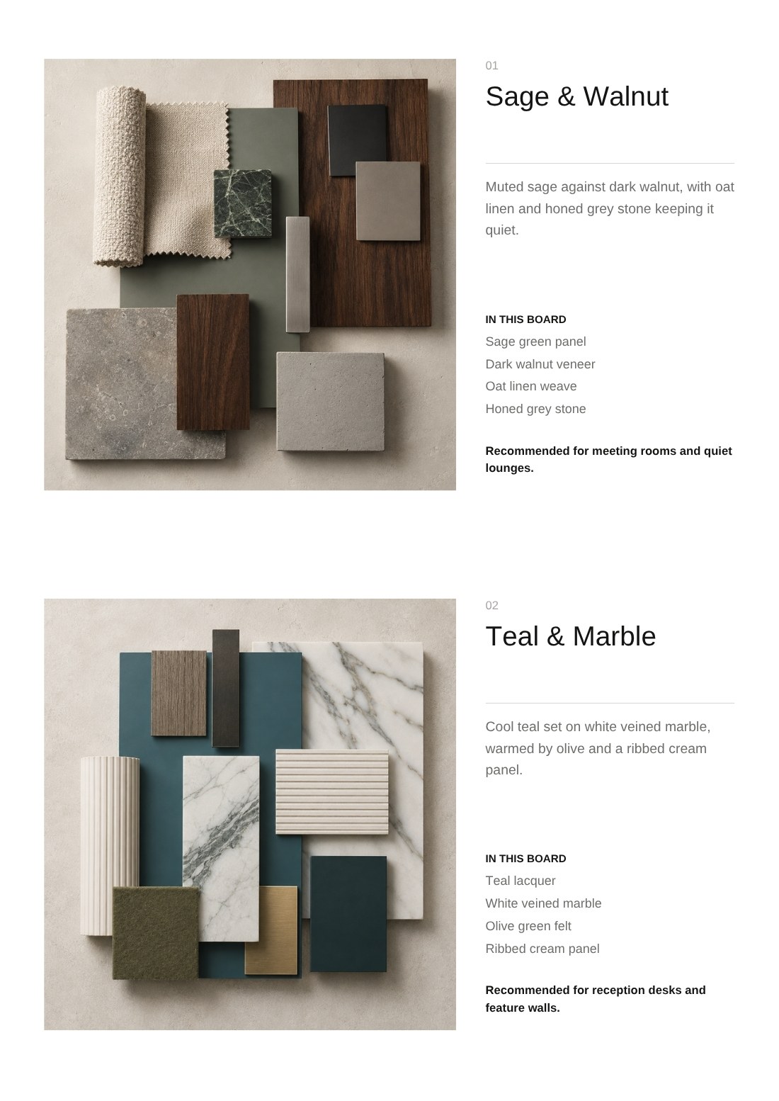 Mood boards: Sage & Walnut, Teal & Marble