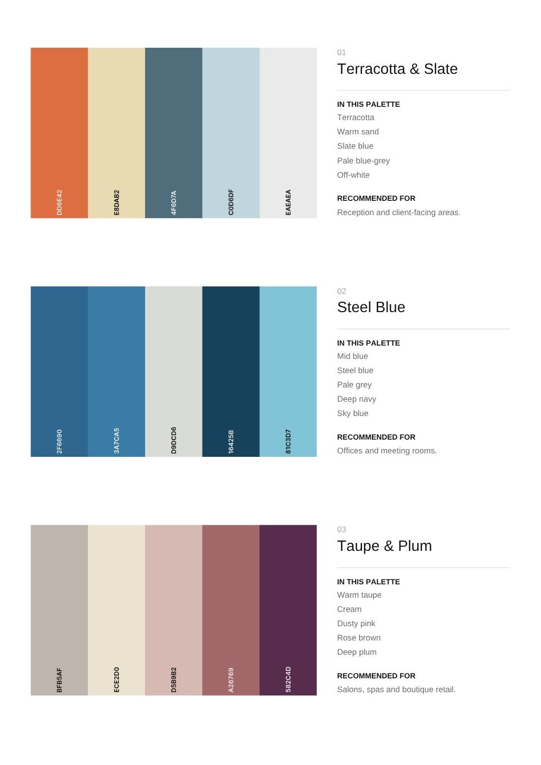 Colour palettes: Terracotta & Slate, Steel Blue, Taupe & Plum