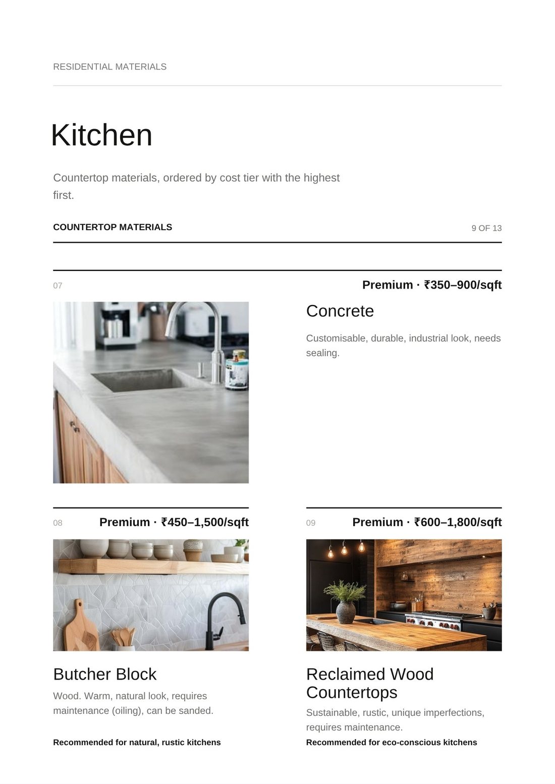 Countertop materials with premium tiers